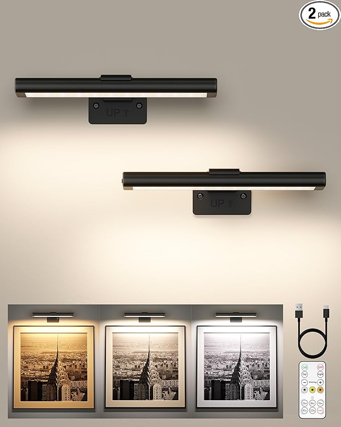 EZVALO Picture Light for Wall, Rechargeable 2400mAh Battery Lights Wireless Remote, 3 Color & Dimmable Magnetic 8'' LED Lights Display for Painting, Living Room, Gallery, Bedroom, Dashboard(Black-2P)