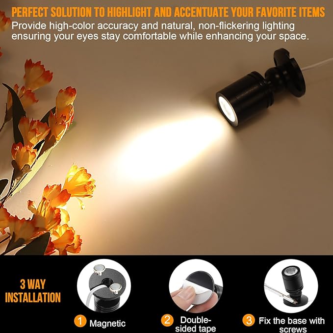 Taysing LED Spot Light Indoor Little Mini Spotlight Accent Lights for Display, Paintings, Pictures, Plants, Jewelry, Shelves, Cabinets, Posters, Showcase(SoftWhite 6 Pack Dimming&Timing)