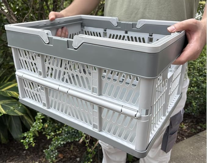 Collapsible Storage Crate with Handles, Milk Crates，33L Foldable Plastic Shopping Basket, Organizer Container for Car Home Pinic (Light gray, Large)