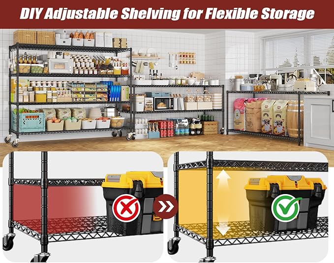 PrimeZone 60" W x 24" D x 76" H Heavy Duty Wire Storage Shelves with Wheels, 4 Tier Adjustable NSF Certified Garage Shelving Unit, Rolling Metal Organizer Shelf Rack for Warehouse, Pantry, 3 Packs