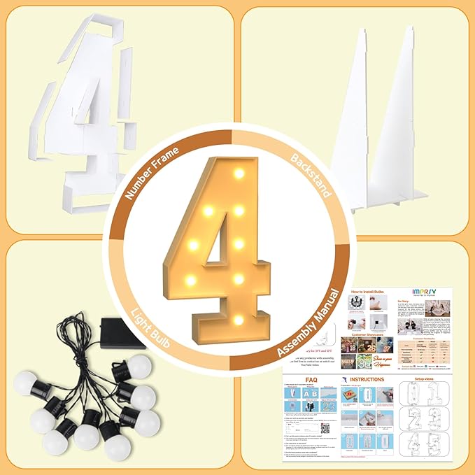 imprsv 3FT Marquee Numbers, Light Up Numbers for 4th 40th Birthday Decorations Anniversary Party Decor, Number 4 Light Up Number, Pre-Cut Foam Board Kit