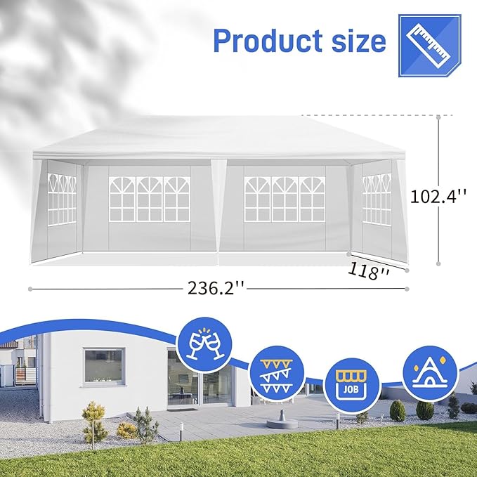 10x20 FT Party Tent, Outdoor Wedding Tents for Parties, Canopy Event Tent with 4 Removable Sidewalls, Waterproof Gazebo Shelter for Birthday Parties, Weddings, BBQs & Events (10X20FT-4Sides White)