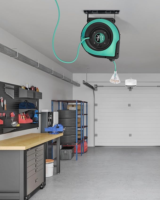 Retractable Cord Reel, 75 FT Heavy Duty Extension Cord, 14AWG/3C SJTOW, 3 Grounded Outlets Lighted Triple Tap, 10A Circuit Breaker, Wall/Ceiling Mounted, UL Listed, Light Green A75CR06