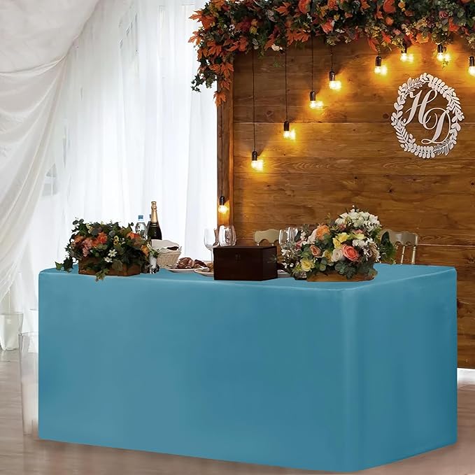 HolidayIdeas 2 Pack Fitted Tableclothes - 48 x 24 Inch - Teal Rectangle Tablecloths for 4 Foot Tables, Polyester Fabric Table Covers for Parties, Baby Shower, Wedding, Trade Show