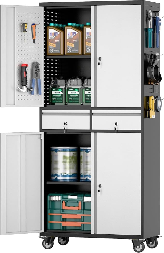 Aobabo 71" H 2 Drawer Metal Storage Cabinet with Wheels and 4 Pegboards,Lockable Steel Garage Storage Cabinet with 2 Adjustable Shelves,Black Sliver,Assembly Required