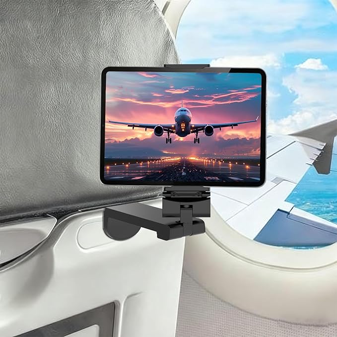 Airplane Tablet Holder Mount, 360 Degree Rotating Hands-Free Travel Stand, Universal Adjustable Clamp for Flying, Compatible with iPad/Galaxy Tab (Only Fits 7-12" Tablets)