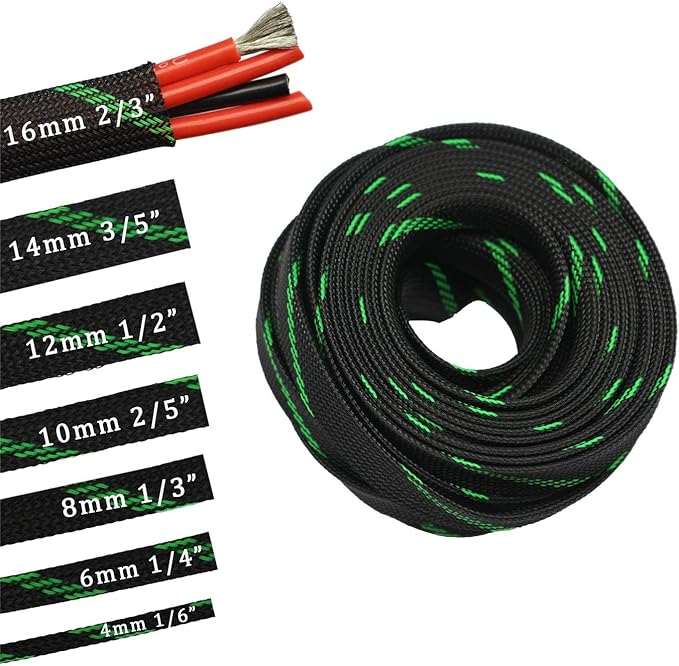 30ft PET Expandable Sleeving Wire Cable Sleeve (2/5", Green&Black)