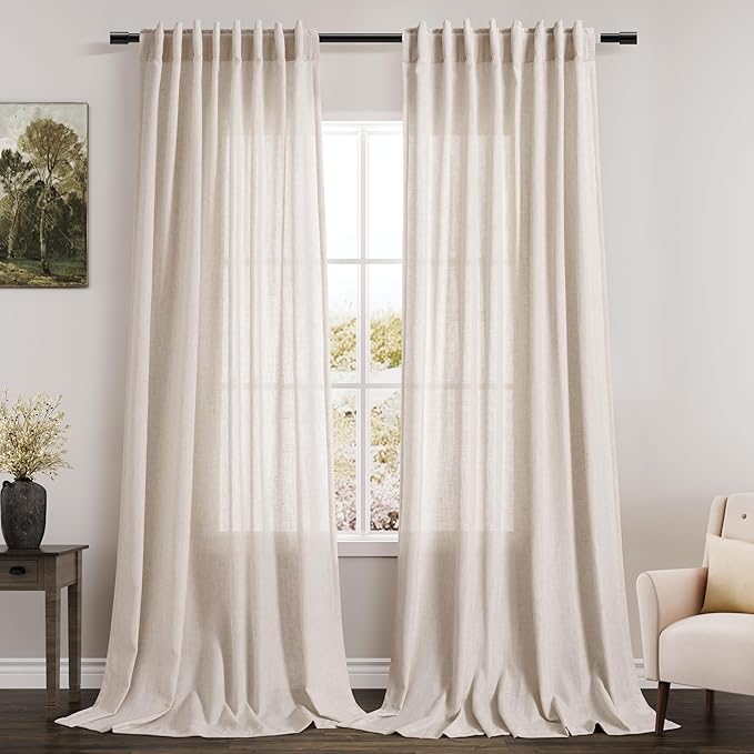 Beige Linen 102 Inch Long Curtains for Living Room 2 Panels Back Tab Rod Pocket Linen Semi Sheer Extra Long Curtains Soft Material Light Filtering Window Panel Drapes for Dining Room 60x102