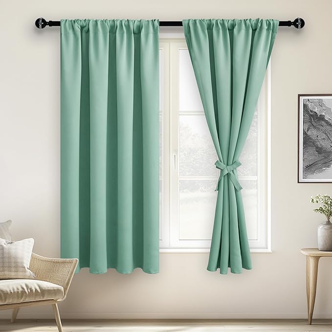 JIUZHEN Blackout Curtains for Bedroom– Thermal Insulated,Noise Reducing Room Darkening Privacy Drapes for Living Room, Set of 2 Panels with Tiebacks, 42 x 63 inch Long, Sage Green