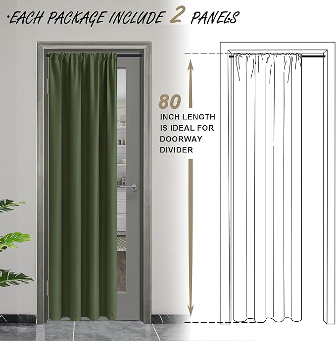 JIUZHEN Blackout Doorway Curtains 80 inch Length - 2 Panels Thermal Insulated Privacy Soundproof Rod Pocket Closet Door Curtains Room Divider for Bedroom,Office, 42 x 80 inches,Olive Green