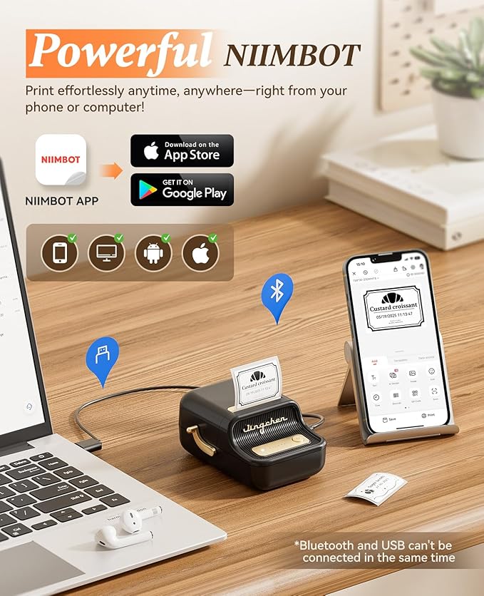 NIIMBOT B21 Label Maker, Thermal Label Printer, Portable Inkless Label Makers for Home/Office/Business, with 1 Pack 50x30mm White Label, Compatible with iOS & Android (Black)