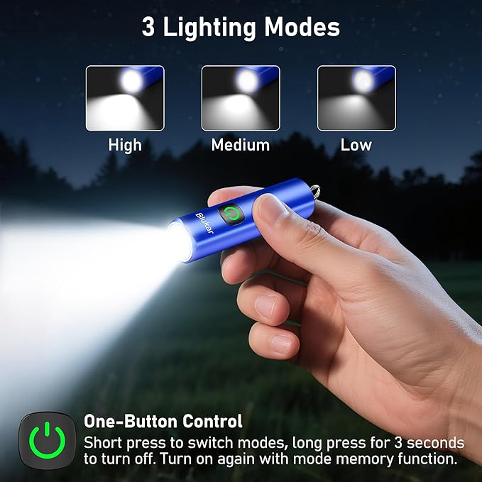 Blukar Rechargeable EDC Flashlight, Mini Keychain Flash Light with 3 Lighting Modes, Memory Function, Waterproof, Compact and Portable Pocket Light for Everyday Carry, Emergency,Camping-Blue