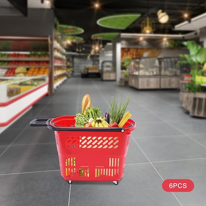 6PCS Shopping Carts,35L Shopping Basket with Wheels and Handle,Portable Plastic Rolling Sho-pping Basket for Retail Store (Red)