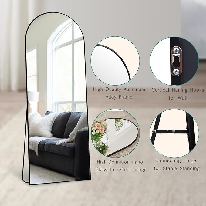 TinyTimes 70''x26'' Full Length Mirror, Large Arched Floor Mirror with Stand, Oversized Wall Mirror, Full Body Mirrors Standing Leaning for Living Room, Bedroom (Black)