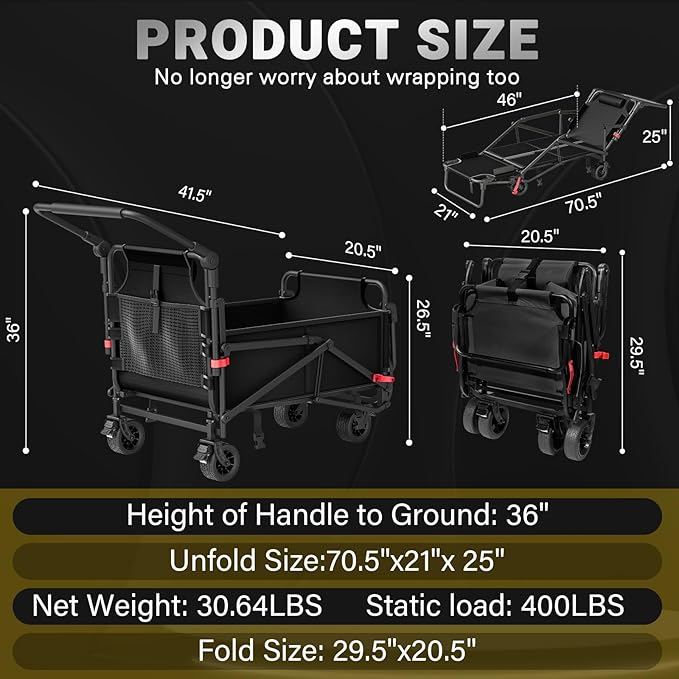 LEVELEVE Heavy Duty Folding Wagon - 2-in-1 Collapsible Cart, 400lb Capacity, All-Terrain Wheels w/Brakes & Side Pockets