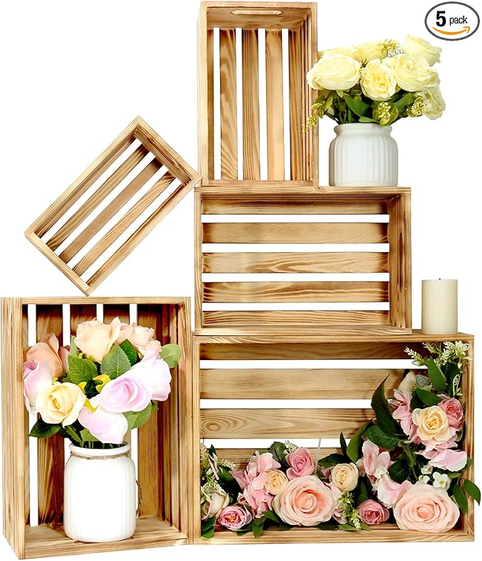5 Pcs Decorative Wood Crates for Display, 5 Size Large Farmhouse Wooden Basket for Storage Container and Decorations, Rustic Nesting Crates Decor Boxes with Handle