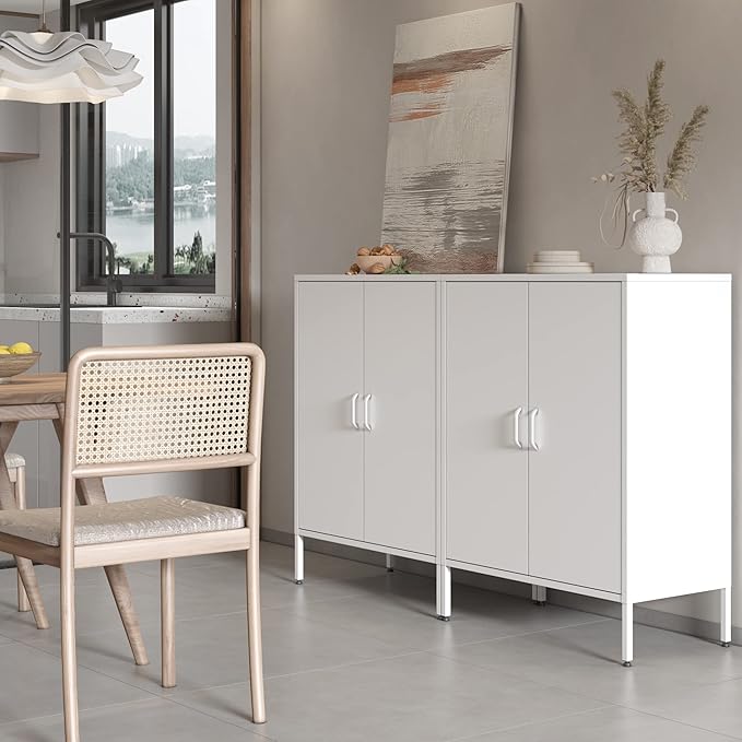 Metal Storage Cabinet with Doors and Shelves,Multipurpose Storage Rack, 3-Tier Shelf,Metal Locker Style Accent Cabinet for Home Office,Living Room,Kitchen(White, 40''H)