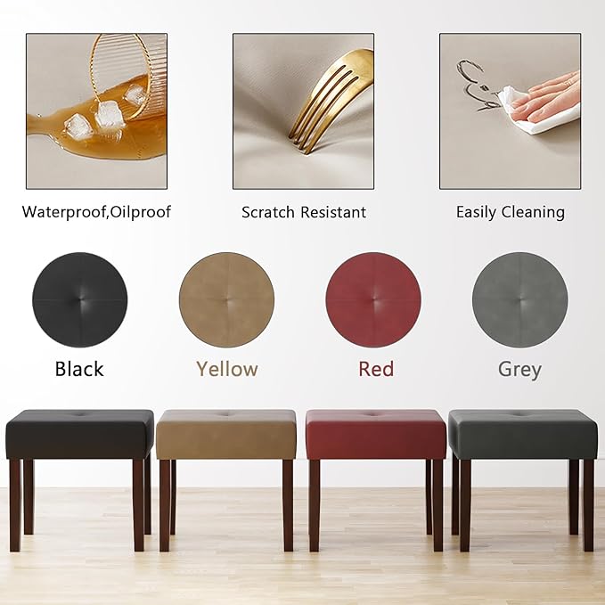 Two Leather Vanity Stool, 18.7 Inch Wide Rectangle Ottoman Bench for Makeup Room, A Set Vanity Chair with Wood Legs for Piano Room, Bedroom,Living Room with Customizable (Gray)