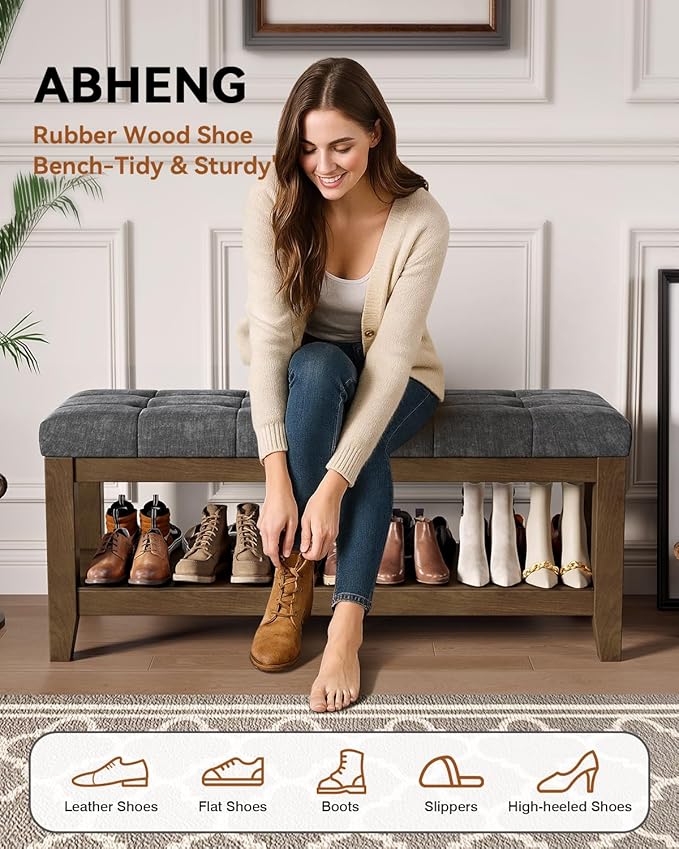 Solid Rubber Wood Shoe Bench, Soft Chenille Material Upholstered Seat, 770LB Load Capacity, Multi-Storage for Entryway/Bedroom/Living Room, Vintage Style, 43.3"x15.7"x17.7", Dark Gray,UASND65G