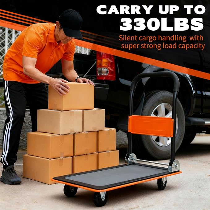 Orange Folding Platform Hand Truck 330 lbs Capacity, Heavy Duty Steel Flatbed Dolly with 360° Silent Wheels, Foldable Push Cart for Warehouse, Home, and Office Use