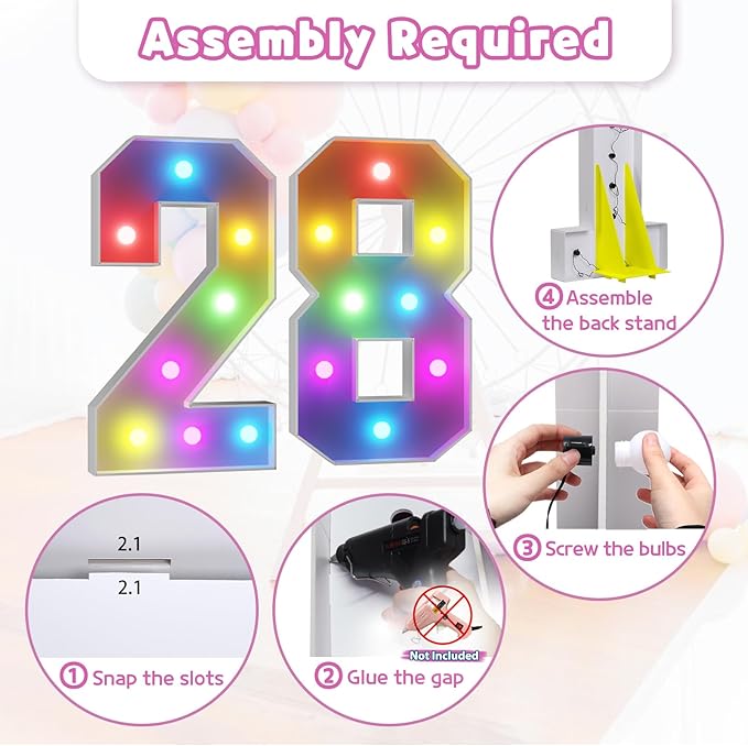 Marquee Numbers 28th Birthday Decoration: Colorful 3FT Large Light Up 28 Year Old Birthday Decorations Anniversary Backdrop Cardboard Sign 18 Colors Number 28 Mosaic Balloon Frame