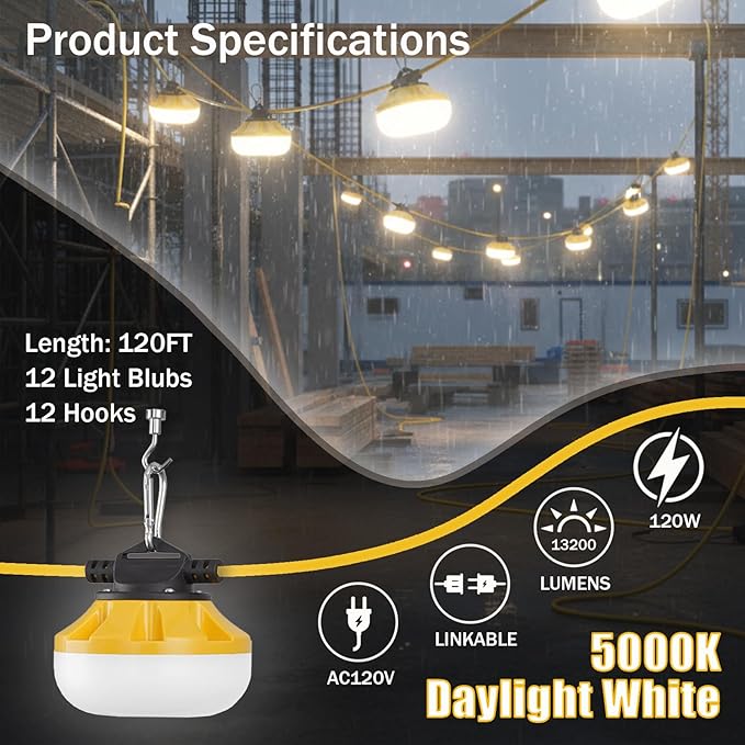 120FT LED Construction String Lights, 12 Bulbs Waterproof Linkable Industrial String Work Lights & Hooks, 5000K Daylight Temporary Lighting for Jobsite Attic Cralspace