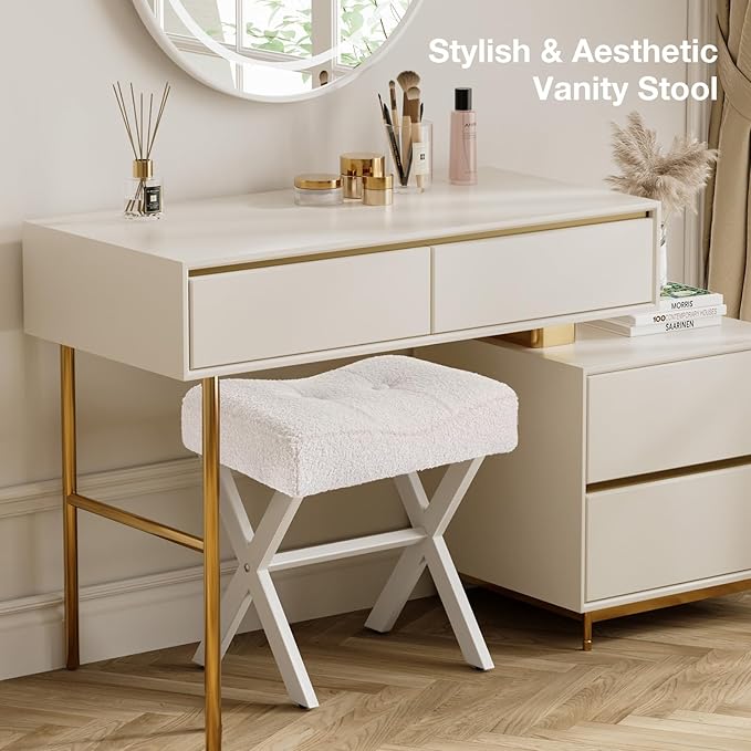 18-Inch Vanity Stool Chair, Vanity Bench with Metal X-Legs, Ottoman Accent Stool with Breathable and Soft Boucle Fabric Saddle Seat, White