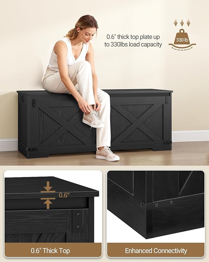47.2" Storage Chest, Large Storage Trunk with 2 Hinges, Farmhouse Wooden Box Bench, Lift-Top Organizer Chest, Entryway Trunk for Bedroom, Living Room, Black SB12104X