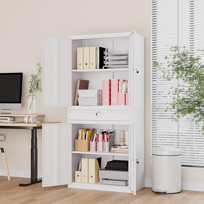 Metal Storage Cabinet,Tall File Cabinet with 2 Adjustable Shelves and Drawer,Lockable Steel Tool Cabinet for Home Office Garage School Warehouses