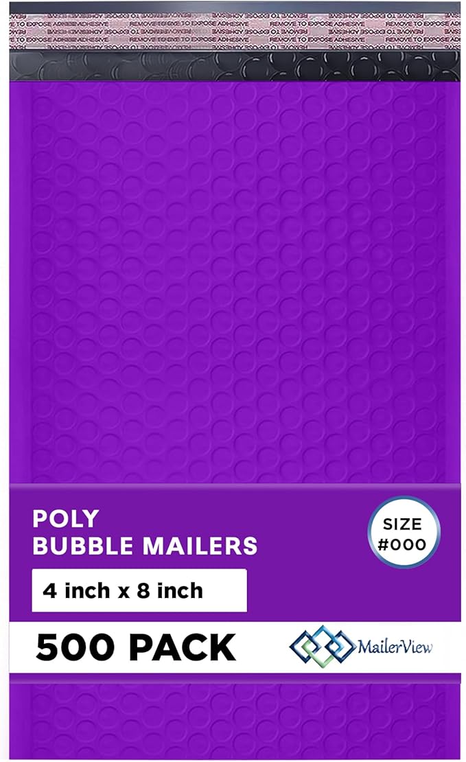 Purple Small Bubble Mailers 4x8 Inch #000 | Thick Padded Poly Bubble Mailer Envelopes | 500 Pack Bulk | Trading Card Sports Card Shipping