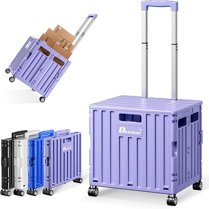 Folding Utility Cart with Lid, Portable Rolling Crate Handcart Collapsible Shopping Trolley, Durable Plastic Foldable Tool Basket with 4 Rotate Wheels for Grocery, Office, Luggage, School - Purple