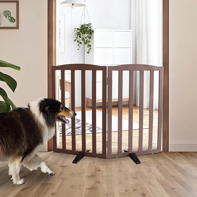 Freestanding Dog Gate Indoor,Doggie Gate Foldable Pet Gates for Doorways,Stairs or Hallways, Wooden Brown Pet Gate for The House, Pet Fence with Support Feet Included,32 "Height-2 Panels
