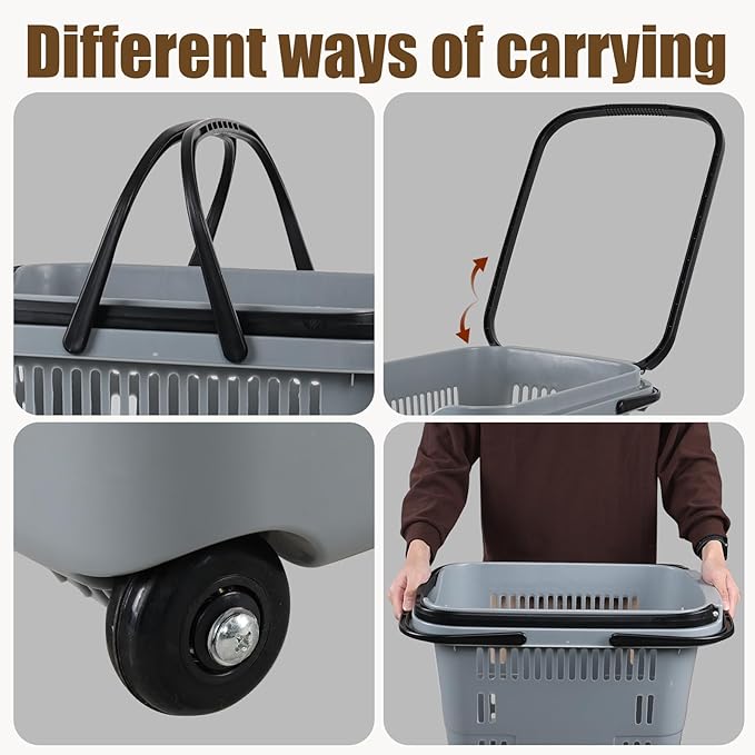 Readsky 4-Pack Large Plastic Rolling Shopping Basket with Handles, 50 L Shopping Basket with Wheels for Supermarkets Retail Stores, Gray