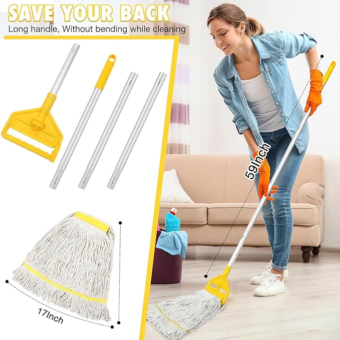 Commercial Industrial Mop Heavy Duty with 3 Replacement Head,Looped-End String Wet Mops with Long Handle for Floor Cleaning, Cotton Mop for Home Garage Office Workshop Warehouse Concrete Floor