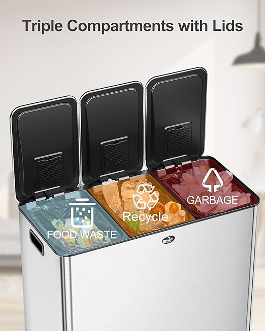 Trash Can 90 L/23.8 gal, Three-Compartment Pedal Stainless Steel Kitchen Recycling Trash Can with Odor Seal, Soft-Close Lid, Fingerprint Resistant, Removable Buckets for Waste & Recycling