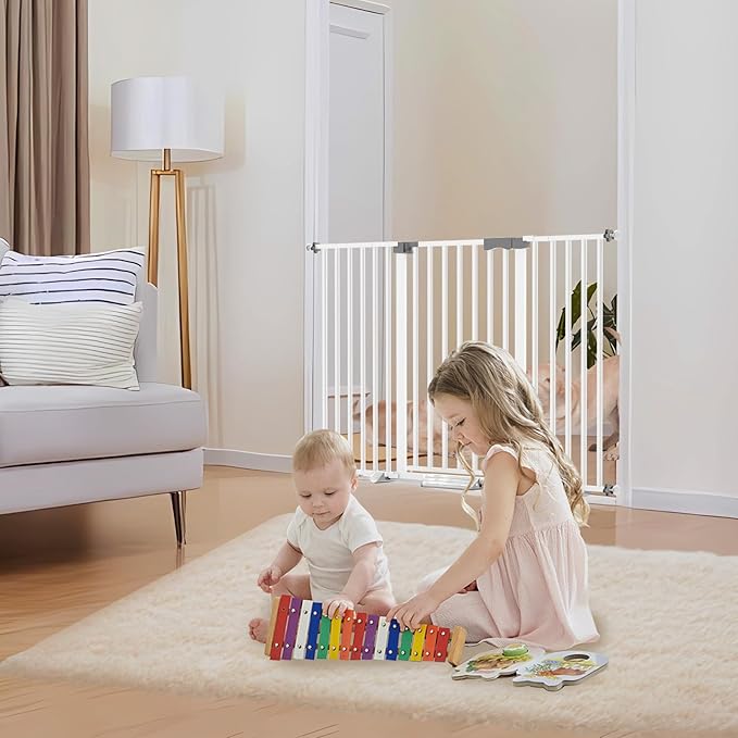 41'' Extra Tall Baby Gate for Large Dogs Pets Indoor No Jumping Over, 30-32.6'' Wide Heavy Duty Puppy Gate for Doorways, Pressure Mounted Metal Gate for Child Toddler No Tools Needed(White)