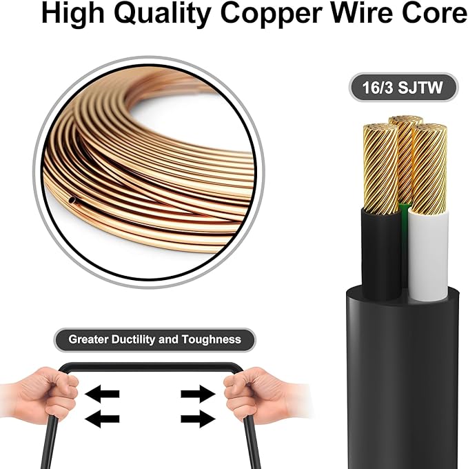 50FT Outdoor Extension Cord,10 Evenly Spaced Outlet Plugs,Black Multiple Outlets with Weatherproof Cover,16/3 SJTW Wire Power Cord.