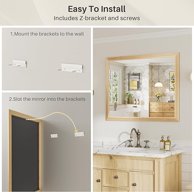 40x38 Inch Bathroom Mirror for Wall, Anti-Rust Oak Wood Grain Metal Framed Bathroom Mirrors for Over Sink,Rectangler Mirrors for Bathroom Vanity, Farmhouse, Bedroom, Living Room, Entryway Decor