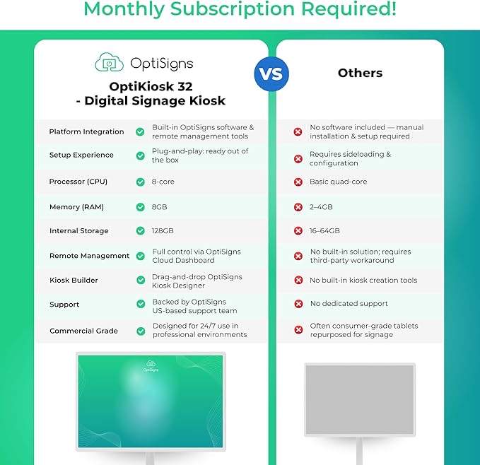 OptiSigns OptiKiosk 32 – Digital Signage Kiosk with 32” Touchscreen, Full HD Display, Preloaded Software for Remote Management, Subscription Required (with Stand & Rechargeable Battery)