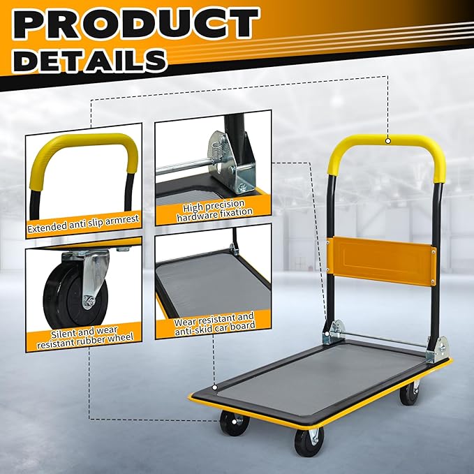 Yellow Folding Platform Hand Truck 330 lbs Capacity, Heavy Duty Flatbed Cart with 360° Swivel Silent Wheels, Non-Slip Steel Dolly for Warehouse, Office, or Home – Foldable Design