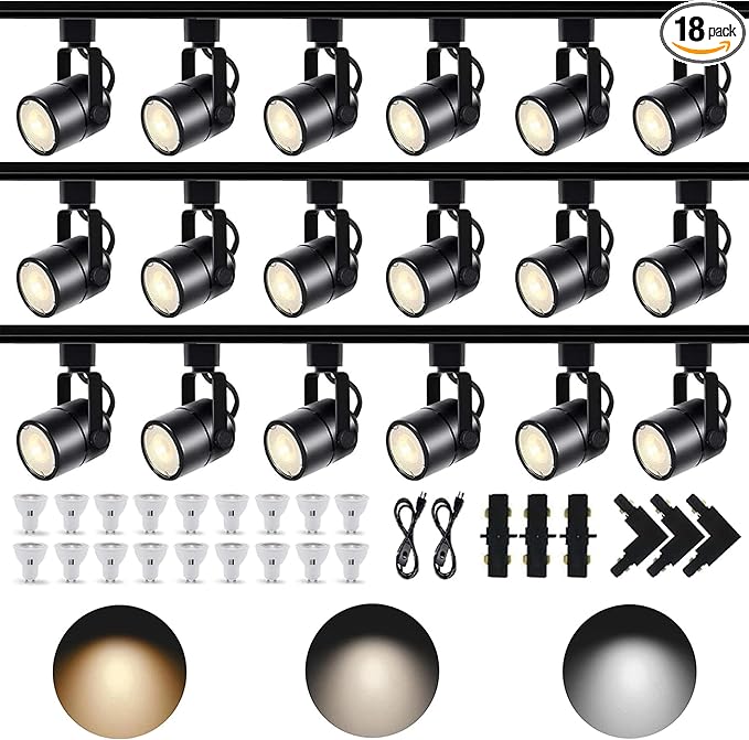 LED Track Lighting Kit, 3CCT 10W Track Lights Heads 3000K/4000K/6000K Adjustable with 19.68FT H-Type Track Light Rails 18PCS Ceiling Spotlight Fixture Replaceable GU10 Bulb