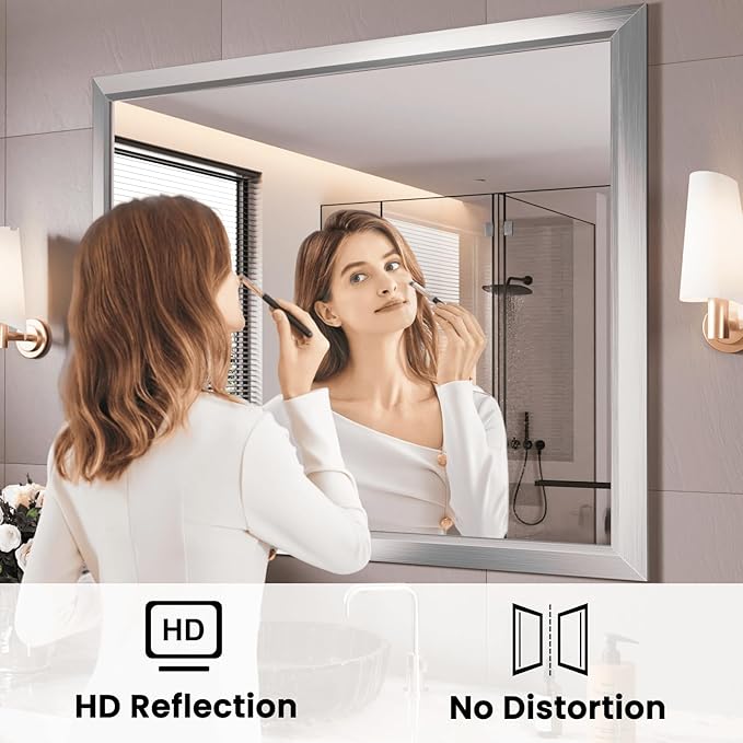 Amorho Bathroom Mirror, 40x38 Inch Silver Thick Metal Framed Wall Mirrors for Over Sink, Brushed Nickel Mirror Perfect for Bedroom, Living Room, Entryway, Rectangle (Horizontal/Vertical).