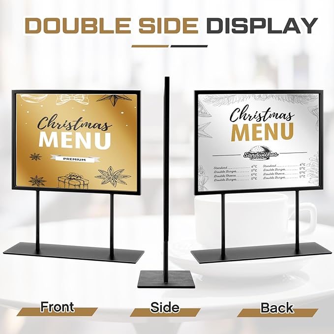 Zhengmy Tabletop Sign Holder with Flat Base Double Sided Countertop Sign Holder Desktop Display Stand Metal Poster Display Stand for Office Store Restaurant Hotels, Black(11" X 8.5",Horizontal,2 Pcs)