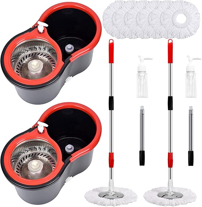 Mop and Bucket Set, 360° Spin Mop and Bucket with Wringer Set and 6 Microfiber Mop Refills, Stainless Steel 61" Extended Handle Spinning Mop Bucket System for Floor Cleaning (2 Sets)