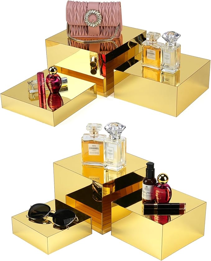 Gold Risers Display Stands, 6pcs Acrylic Display Stand, Purse Stand, Food Display Buffet Riser, Retail Mirror Squre Display Boxes for Perfume Collection Jewelry Party Centerpieces