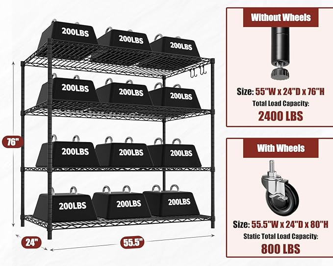 PrimeZone 4 Packs 55.5" W x 24" D x 80" H Heavy Duty Wire Storage Shelves with Wheels, 4 Tier Adjustable NSF Certified Garage Shelving Unit, Rolling Metal Organizer Shelf Rack for Warehouse, Pantry
