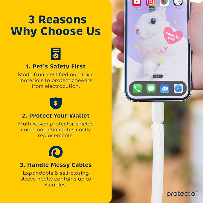 PROTECTO Heavy Duty Dog & Cat Cord Protector 10ft Long Sleeve, Easy-to-Use 3/8 in Cord Cover for Pet, Odorless White Color, No Chew Solution for Power, Audio & Video Wire Tubing, Fits 4-6 Cables
