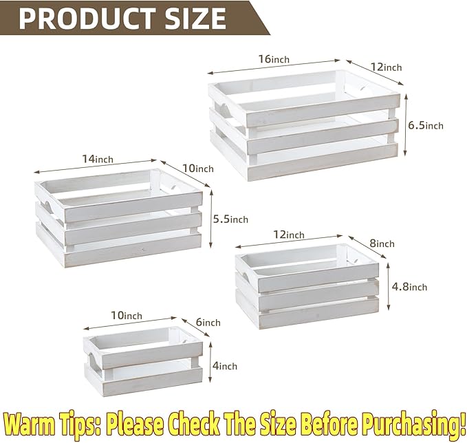 Set of 4 Large Wooden Decorative Storage Crates, Whitewashed Nesting Wooden Crates for Display Rustic, Farmhouse Wood Storage Container Boxes Made from 100% Wood