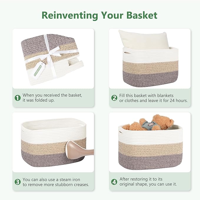 Cotton Rope Basket, Storage Baskets with Handle, 15x10x9 Inch Woven Basket for Shelves, Laundry, Towels, Clothes, Books (White 3Pack)
