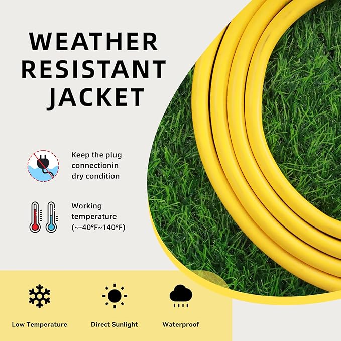 EP 30 Ft Outdoor Extension Cord, 12/3 SJTW Heavy Duty Extension Cable with 3 Prong Grounded Plug, 15 AMP Power Cord for Lawn, Garden, Appliances, Yellow